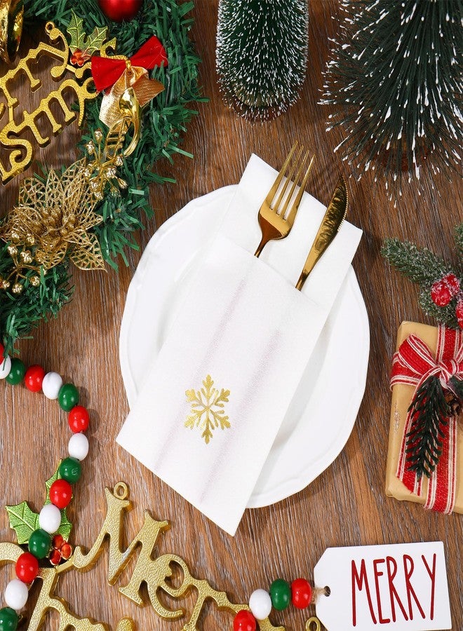JarThenaAMCS 50 Pcs Christmas Linen Feel Napkin Snowflake Gold Foil Disposable Airlaid Paper Napkin White Prefolded Dinner Napkins with Built-in Flatware Pocket for Winter Holiday Party Supplies - Image 5